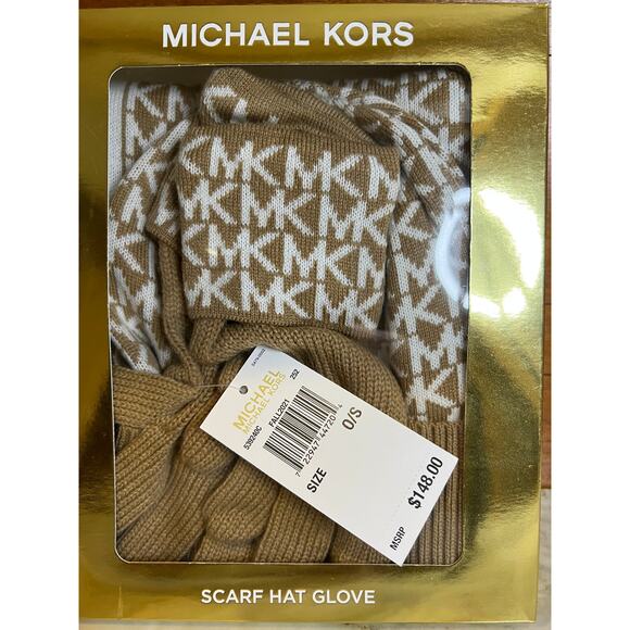 Michael Kors Hat Scarf Gloves set tan logo print - Picture 1 of 5